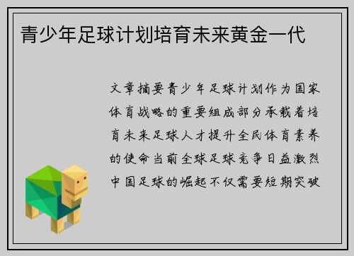青少年足球计划培育未来黄金一代