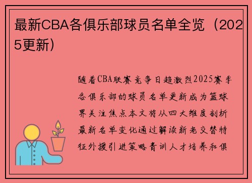最新CBA各俱乐部球员名单全览（2025更新）
